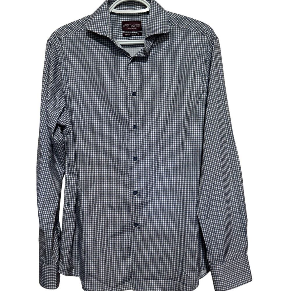 Henri Christian Blue Army Green Stretch Long‎ Sleeve Button Front Shirt Size S